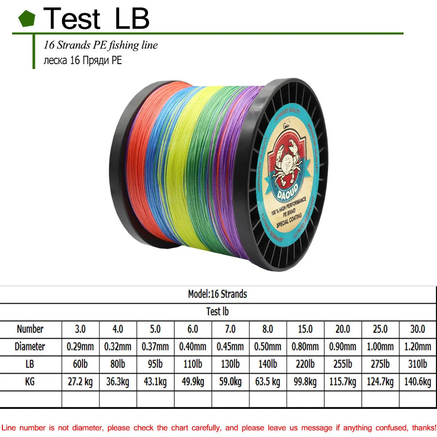 Braided Fishing Line 16 Strands PE Braid Multicolor Super Power Multifilament Crap Fishing