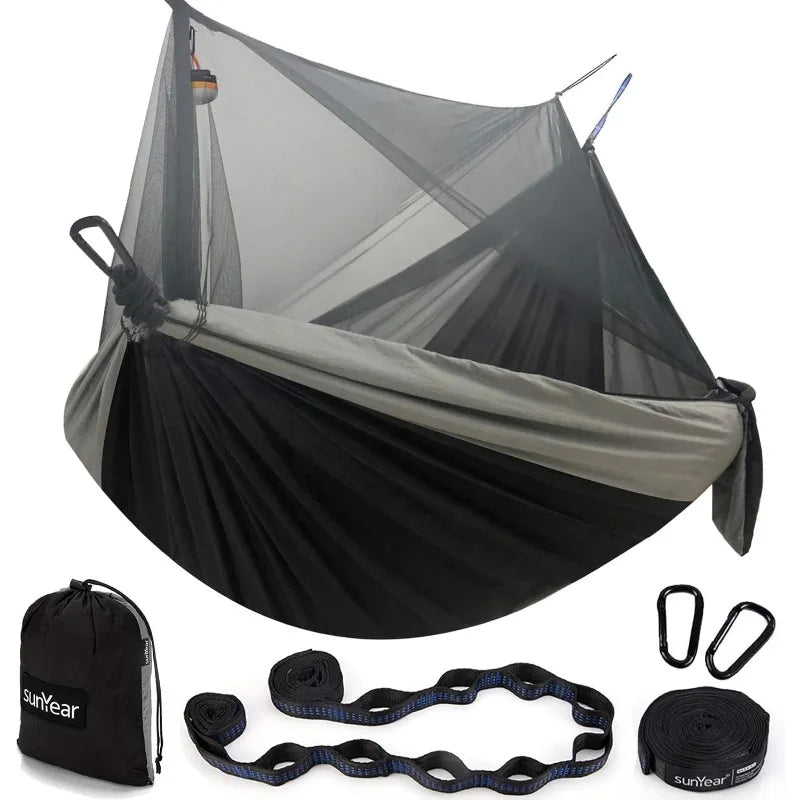 Hammock Camping with Rain Fly Tarp and Net, Double Tree Hammock Outdoor Indoor Backpacking