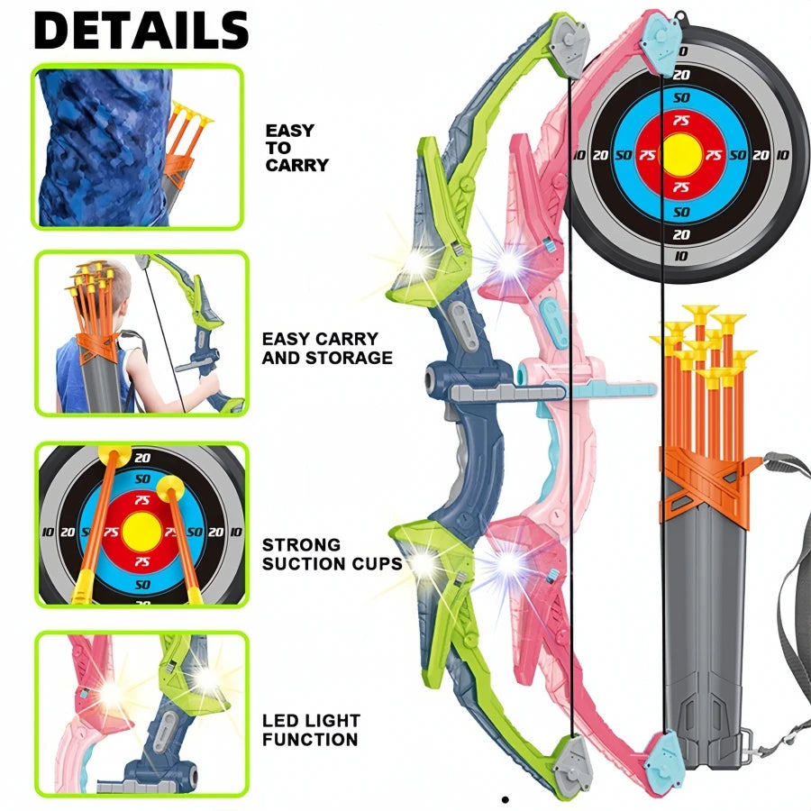 Bow And Arrow For Kids Archery Set - LED Light Up Archery Toy Bow And Arrow Set With  Suction Cup Arrows and Target , Sports Out