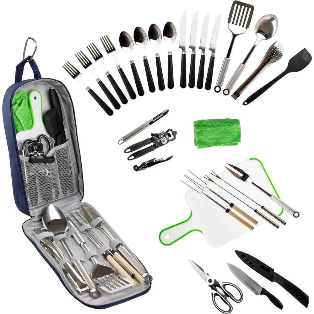 10 Pcs Camp Cooking Utensil Set & Outdoor Kitchen Gear Portable Compact Carry Case