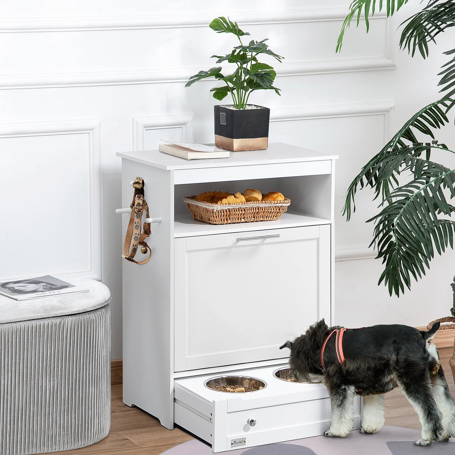 Pet Feeder Station Storage Cabinet, with Dog Raised Bowls and Hanger for Feeding & Watering Supplies