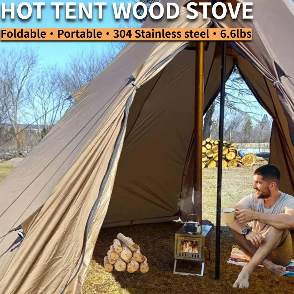 Folding Hot Tent Wood Stove for Camping with 7.2ft Chimney, Backpacking, Cooking