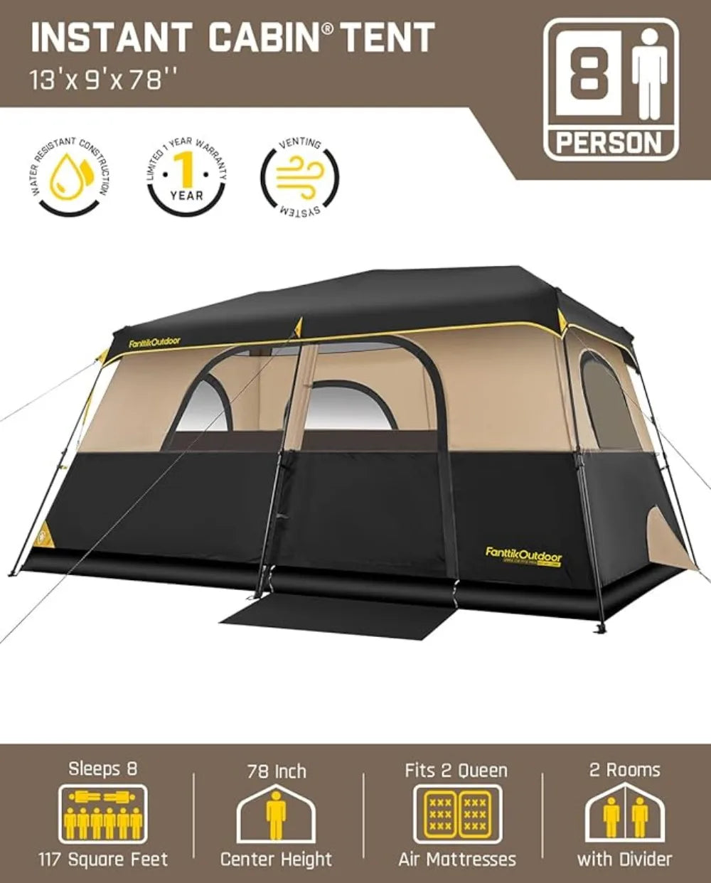 Camping Tent Instant Cabin Tent Setup in 60s with Rainfly & Windproof with Carry Bag Camping