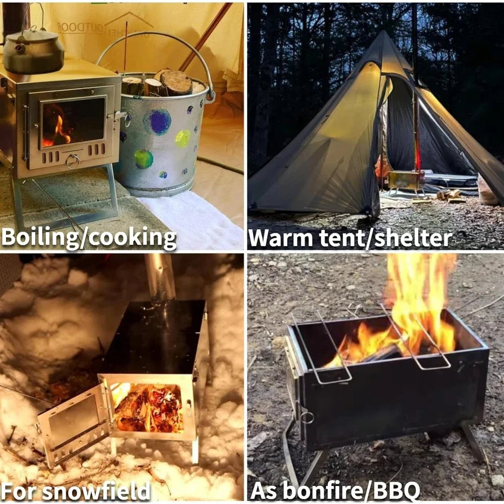 Folding Hot Tent Wood Stove for Camping with 7.2ft Chimney, Backpacking, Cooking