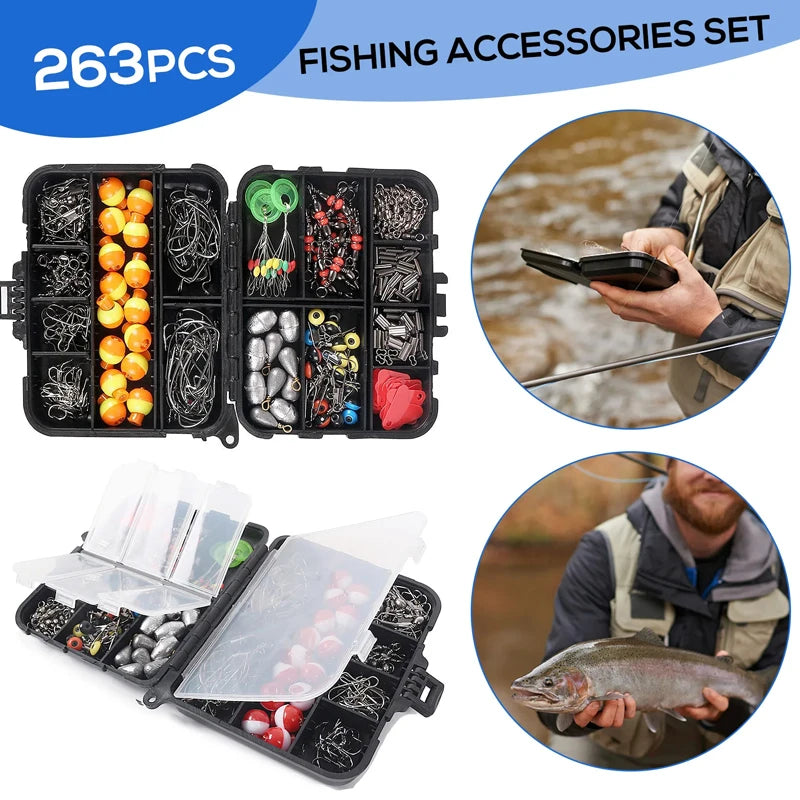 263pcs/Fishing Accessories Tackle Box  Plier Jig Hooks Sinker Weight Swivels Snaps Sinker Slides