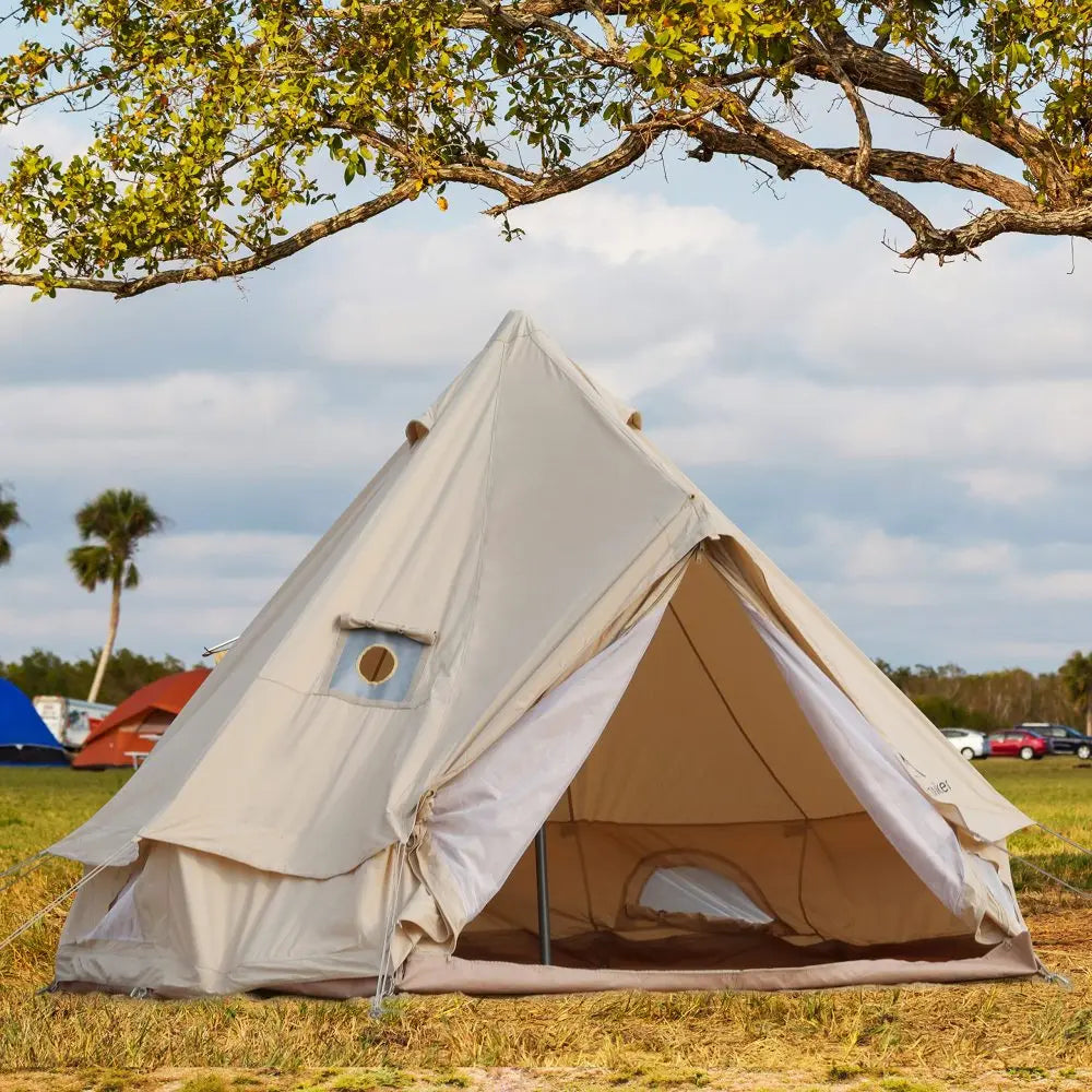 Mongolian Tent, Glamping Tent with Cool Ventilation Mosquito Net Doors & Windows for Family Camping