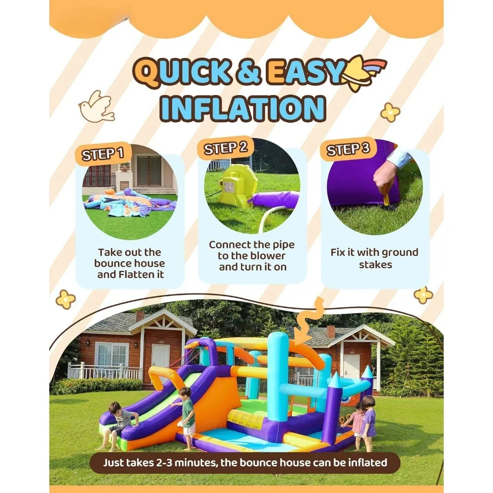 Inflatable Bounce House,Jumping Bouncer with Air Blower,Splash Pool,Kids Slide Park