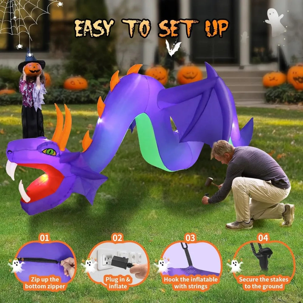 12FT Halloween Inflatable Dragon for Outdoor Decoration, Lighted Blow Up Flying Dragon with Openning Red Mouth