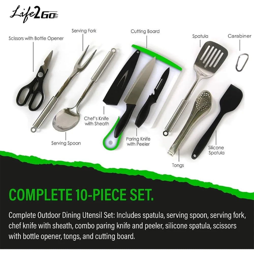 10 Pcs Camp Cooking Utensil Set & Outdoor Kitchen Gear Portable Compact Carry Case