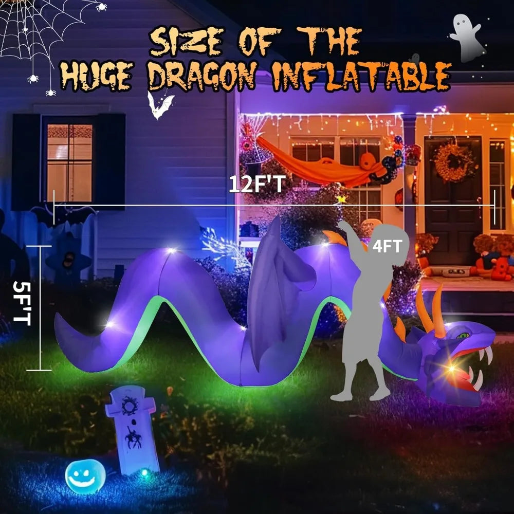 12FT Halloween Inflatable Dragon for Outdoor Decoration, Lighted Blow Up Flying Dragon with Openning Red Mouth