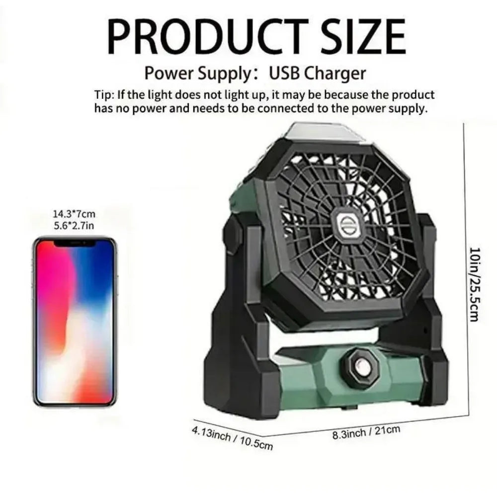 Portable USB Rechargeable Fan, 270° Rotation Tent Fan with LED Light & Hook, Hanging Fan