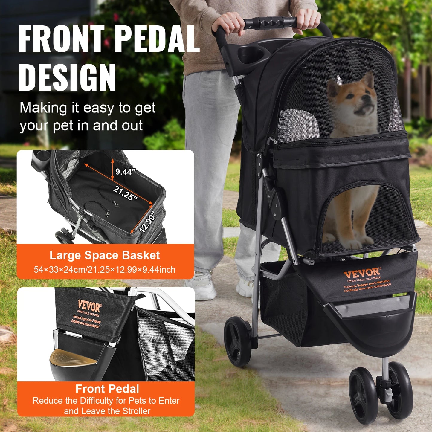 3 Wheels Dog Stroller Rotate Black  with Front Pedal Storage Basket Cup Holder for Dogs Cat