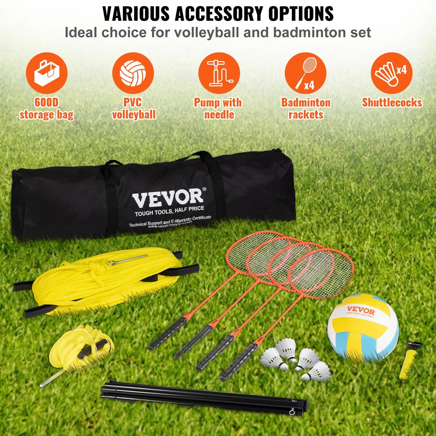 Outdoor Volleyball & Badminton Set Adjustable Steel Poles Professional Set with Carrying Bag