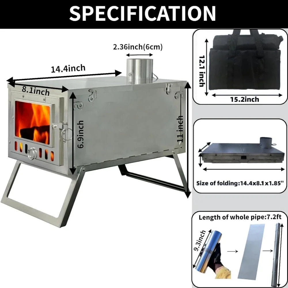 Folding Hot Tent Wood Stove for Camping with 7.2ft Chimney, Backpacking, Cooking