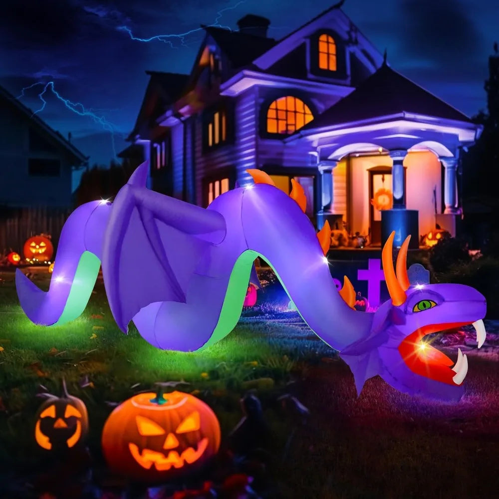 12FT Halloween Inflatable Dragon for Outdoor Decoration, Lighted Blow Up Flying Dragon with Openning Red Mouth