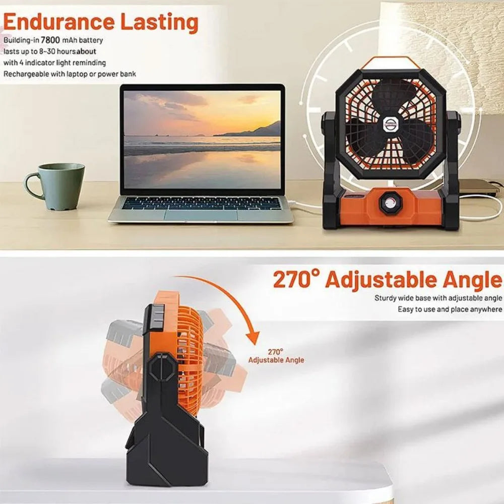 Portable USB Rechargeable Fan, 270° Rotation Tent Fan with LED Light & Hook, Hanging Fan