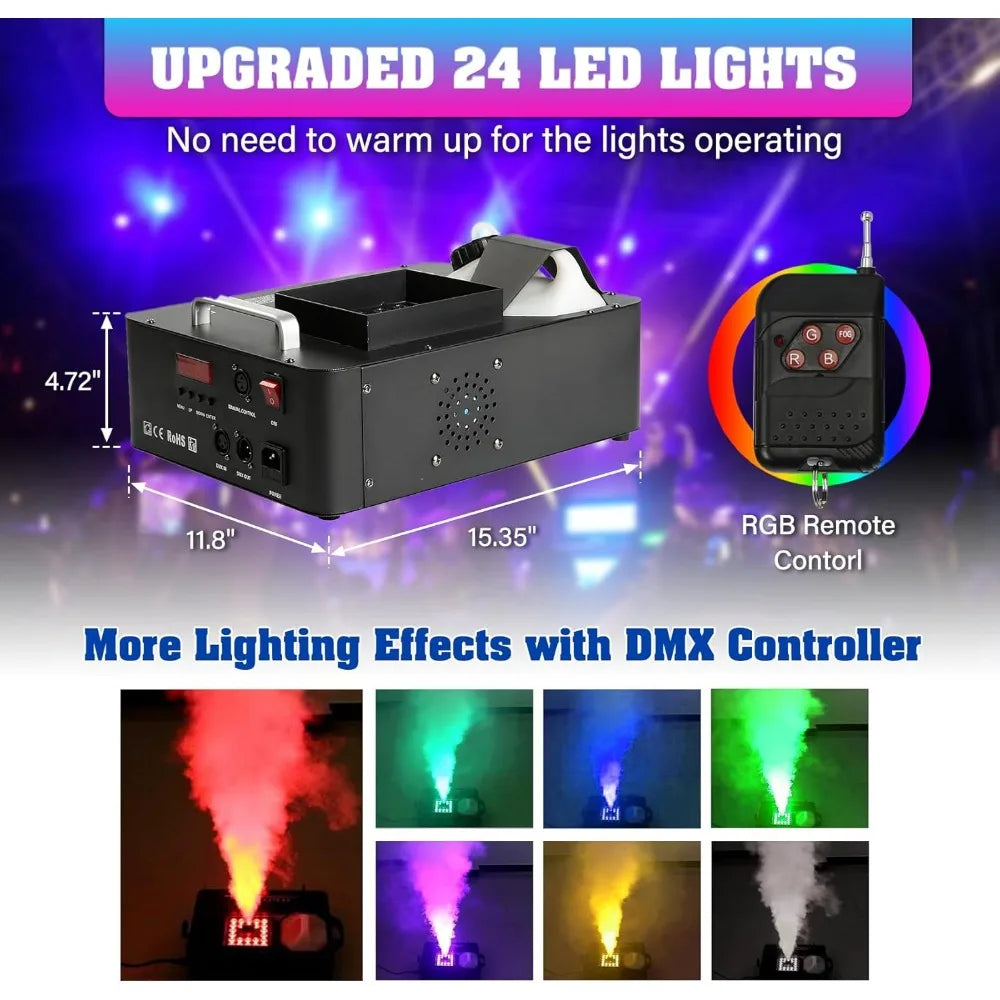 1500W Fog Machine ,  3 in 1 24 LED Smoke Machine Stage Lighting Vertical Spray with Remote Control