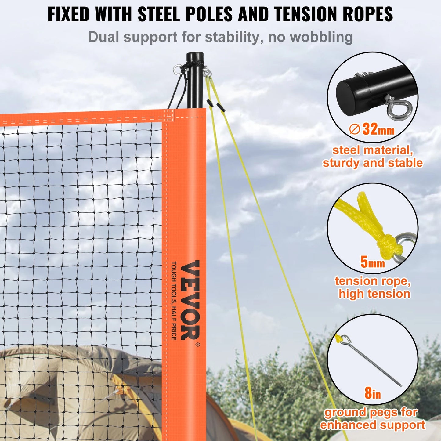 Outdoor Volleyball & Badminton Set Adjustable Steel Poles Professional Set with Carrying Bag