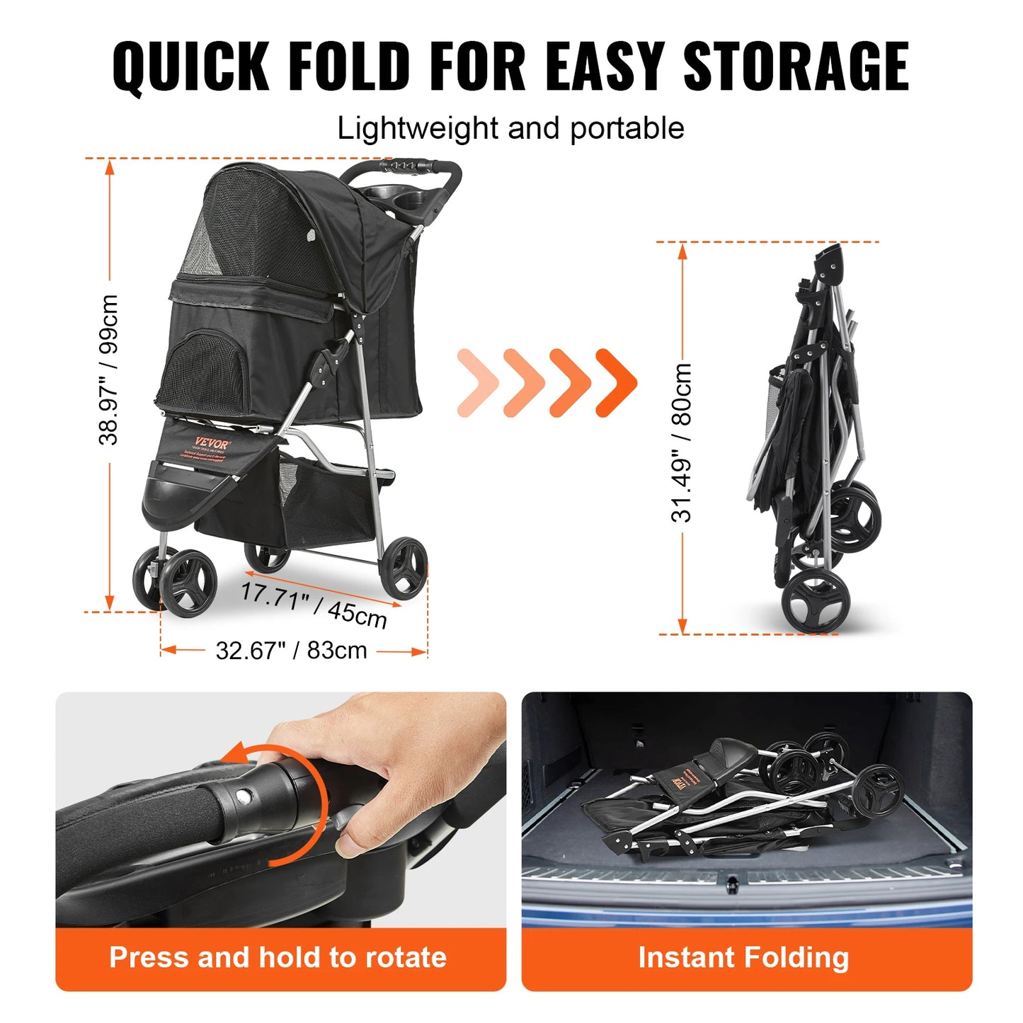 3 Wheels Dog Stroller Rotate Black  with Front Pedal Storage Basket Cup Holder for Dogs Cat