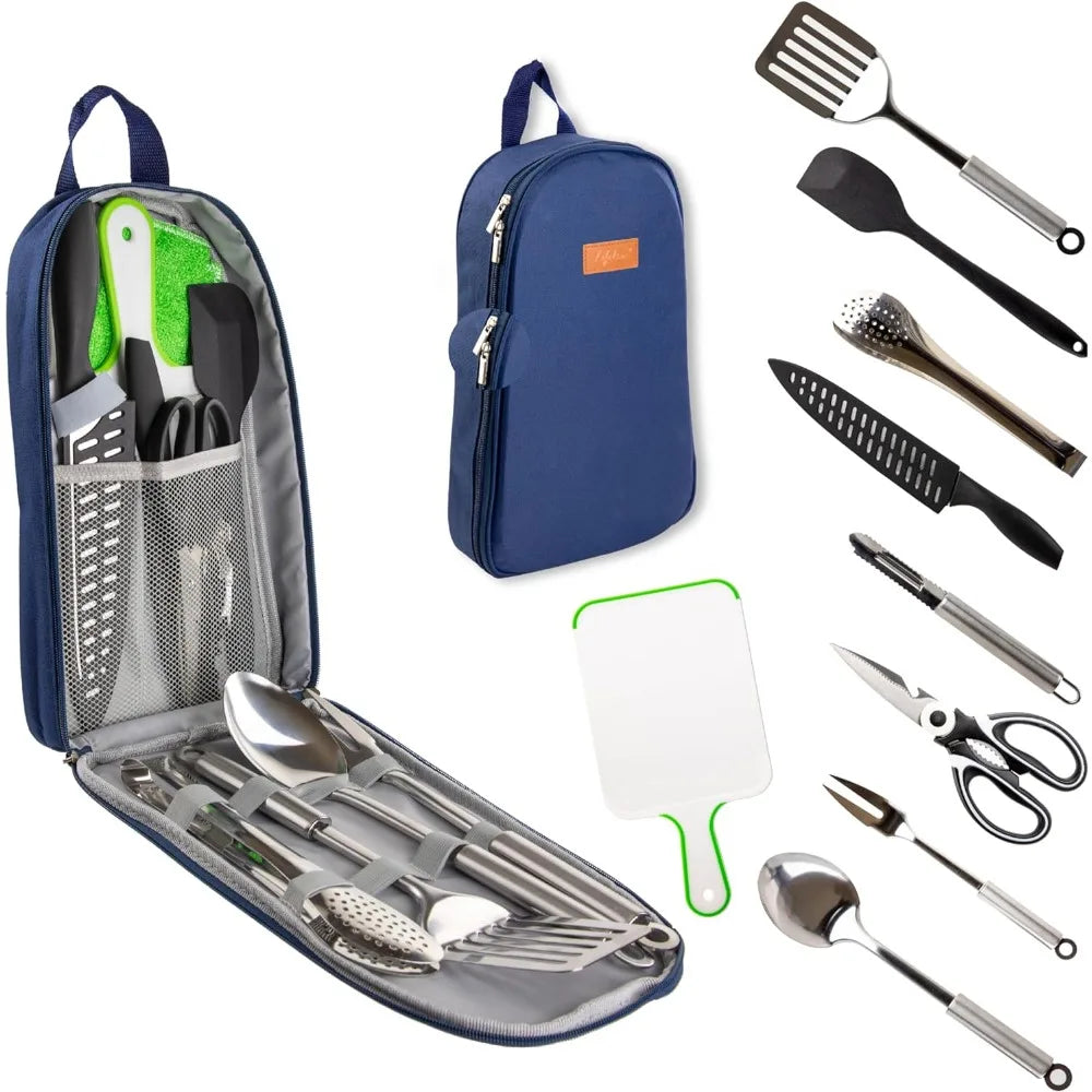 10 Pcs Camp Cooking Utensil Set & Outdoor Kitchen Gear Portable Compact Carry Case