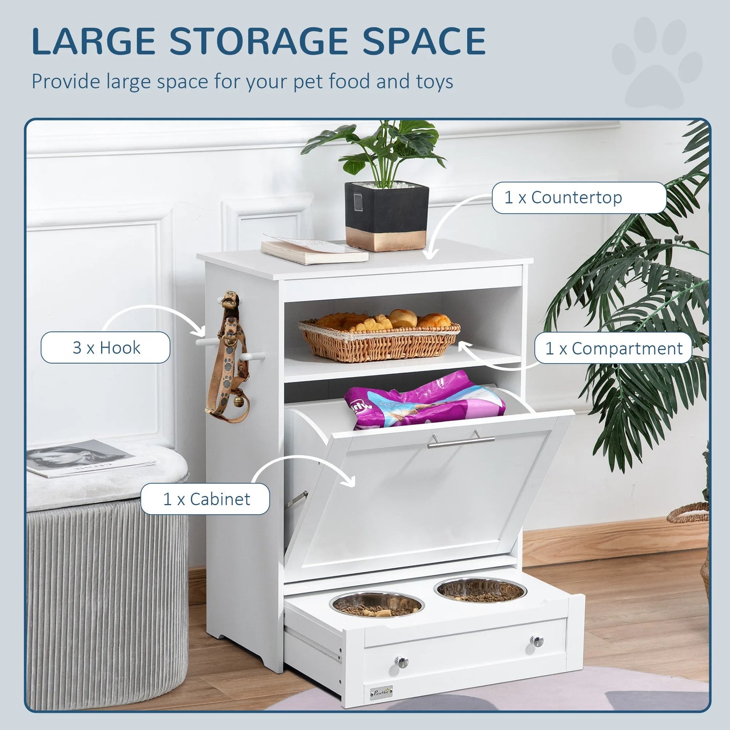 Pet Feeder Station Storage Cabinet, with Dog Raised Bowls and Hanger for Feeding & Watering Supplies