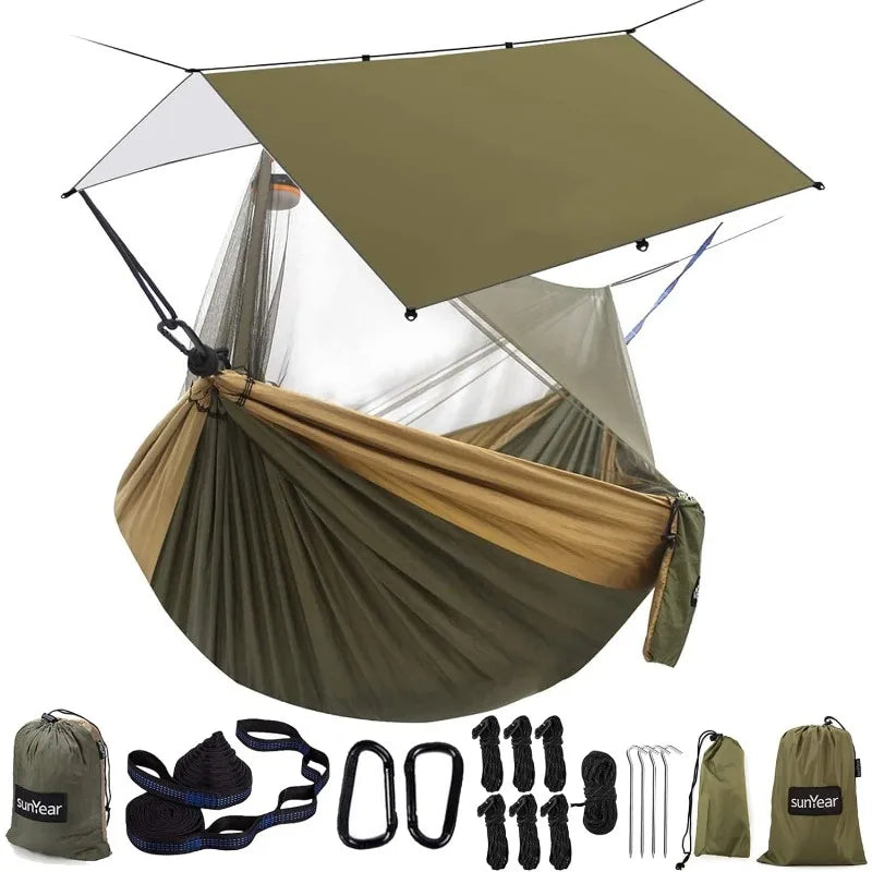 Hammock Camping with Rain Fly Tarp and Net, Double Tree Hammock Outdoor Indoor Backpacking