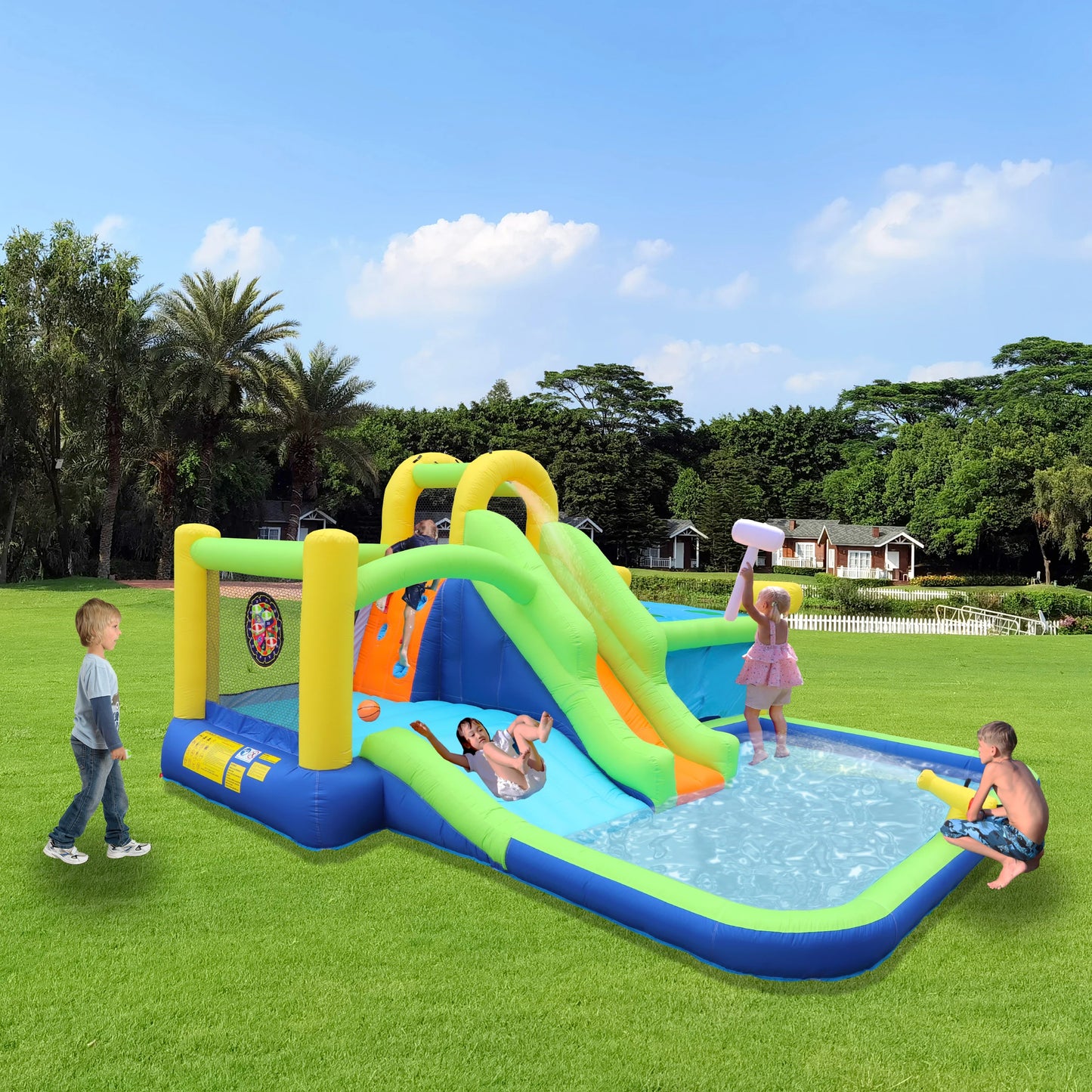 7 in1 Inflatable slide bouncing house outdoor with Whack a mole games & Splash pool & Target games