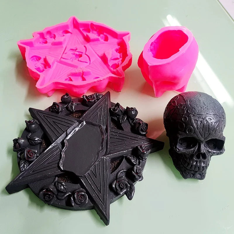 Large Rose Skull Funeral Candle Holder Handmade Resin Gypsum Silicone Mold Halloween Decorative