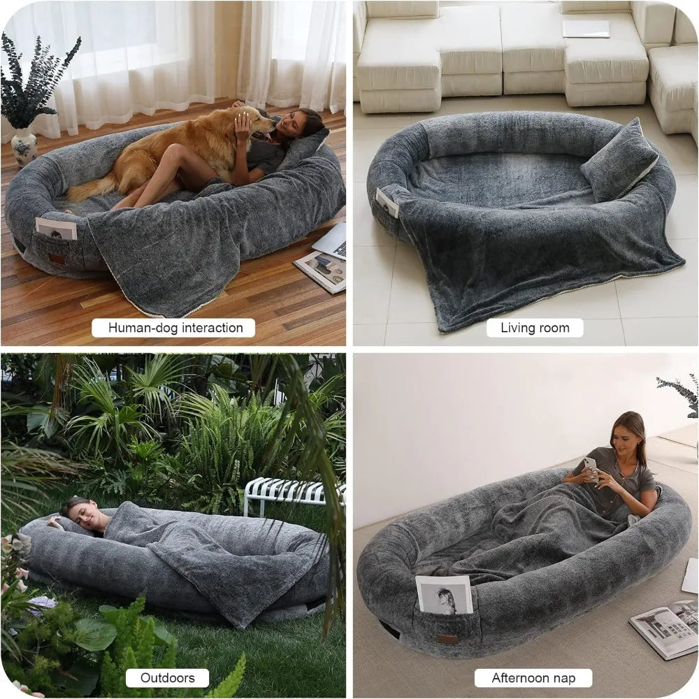 Giant Human Dog Bed With Blanket and Pillow  Adult Nap Bed Plush Beds Cats