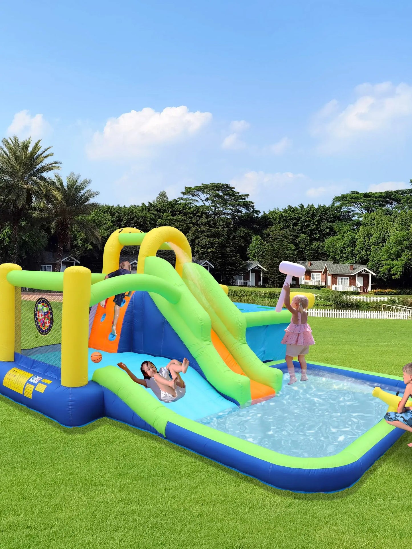 7 in1 Inflatable slide bouncing house outdoor with Whack a mole games & Splash pool & Target games