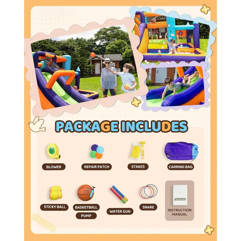 Inflatable Bounce House,Jumping Bouncer with Air Blower,Splash Pool,Kids Slide Park