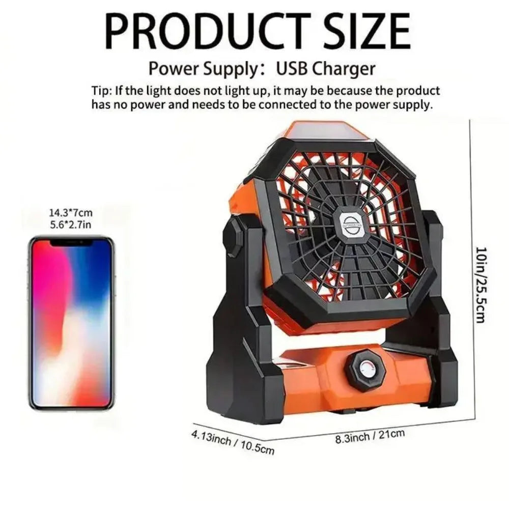 Portable USB Rechargeable Fan, 270° Rotation Tent Fan with LED Light & Hook, Hanging Fan