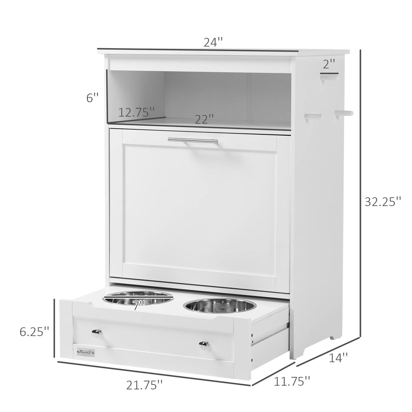 Pet Feeder Station Storage Cabinet, with Dog Raised Bowls and Hanger for Feeding & Watering Supplies